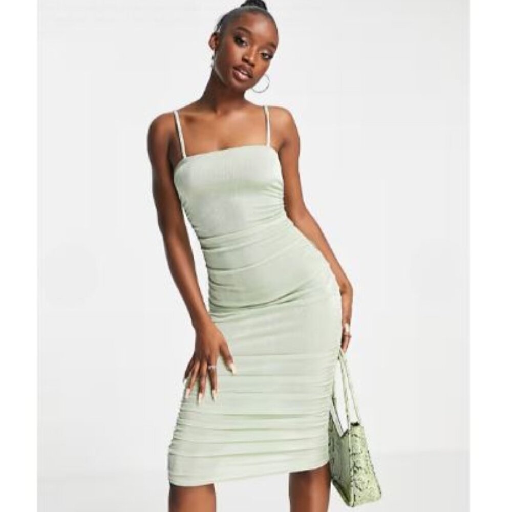 Fashionkilla square neck midi bodycon dress in sage (Size 6) - ASOS